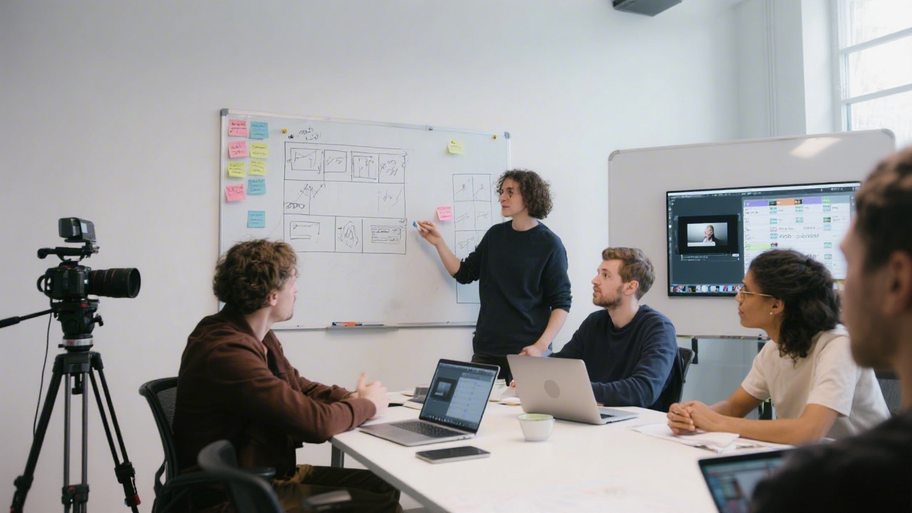 Creative team brainstorming in a modern meeting room with notes on a whiteboard, camera equipment nearby, and laptops open to a video storyboard and production schedule.