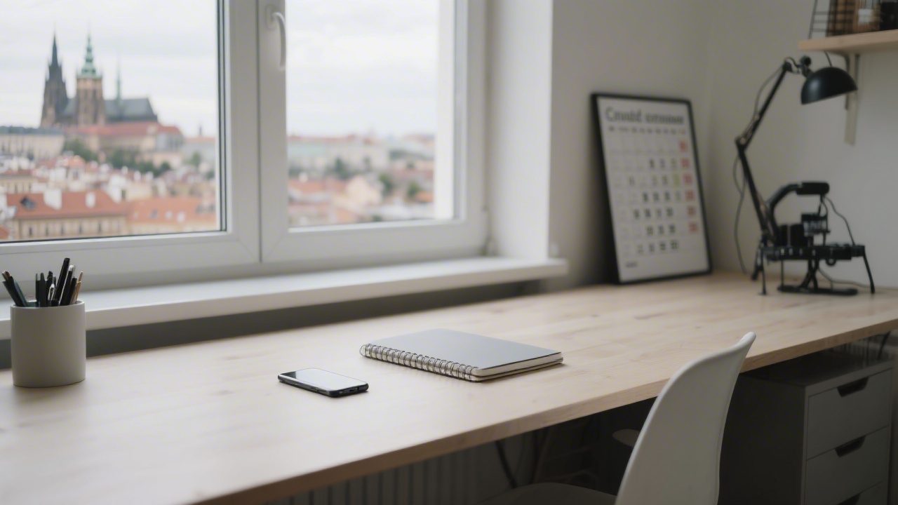 Calm office desk with a notebook, smartphone, and studio schedule, next to a window overlooking Prague, suggesting a professional contact point for a creative studio.