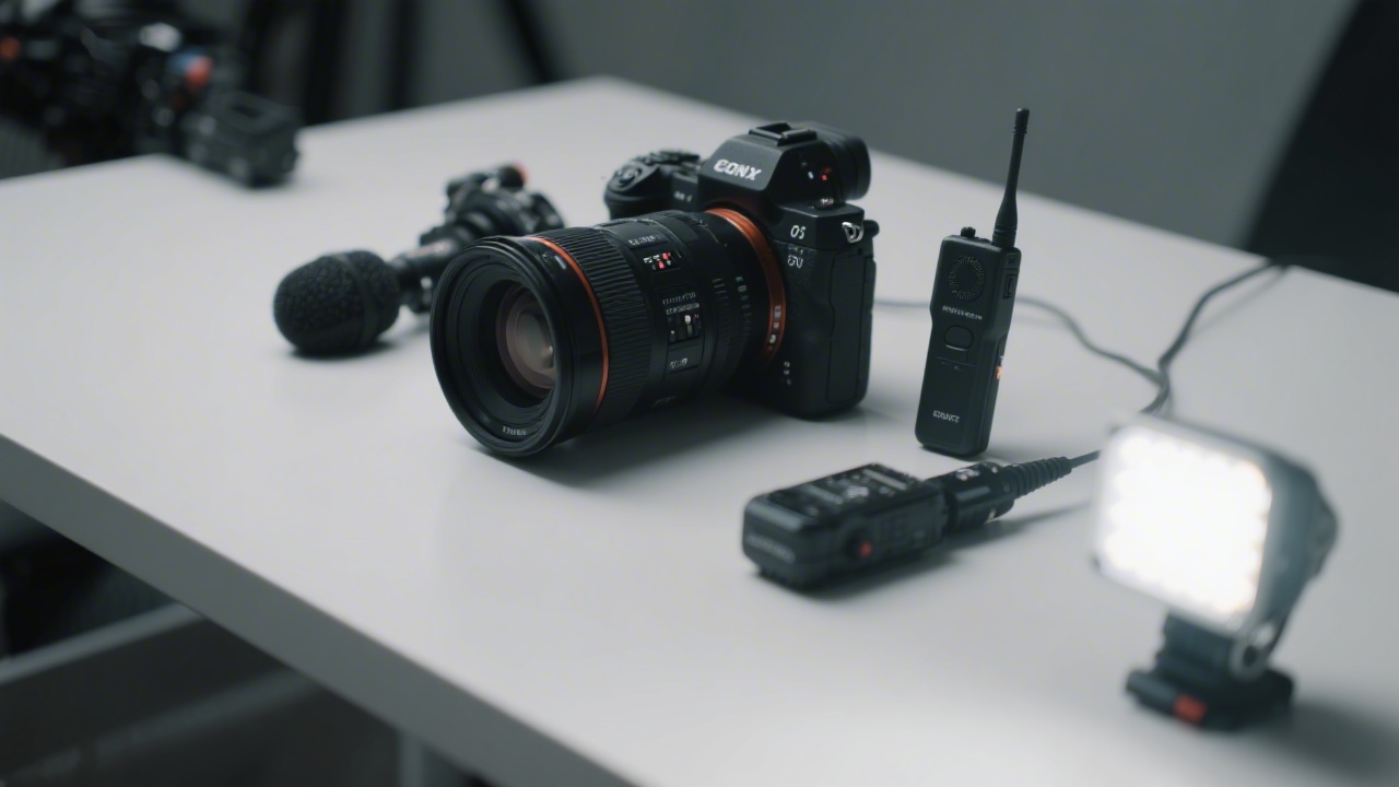 Close-up of professional video gear including a full-frame camera, cinema lens, wireless microphone, and compact LED light arranged on a clean table for a production setup.