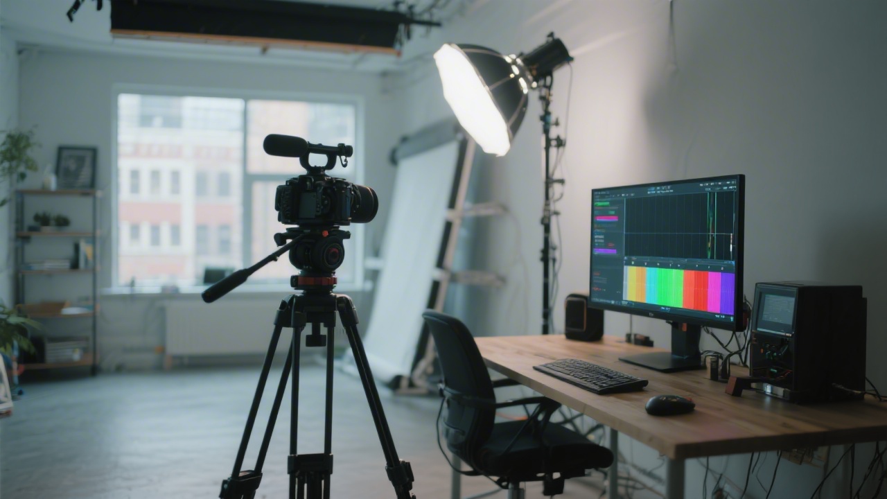 Studio setup with cinematic camera on tripod, soft key light, monitor showing colorful timeline, and tidy workspace that suggests professional video production in a modern urban studio environment.