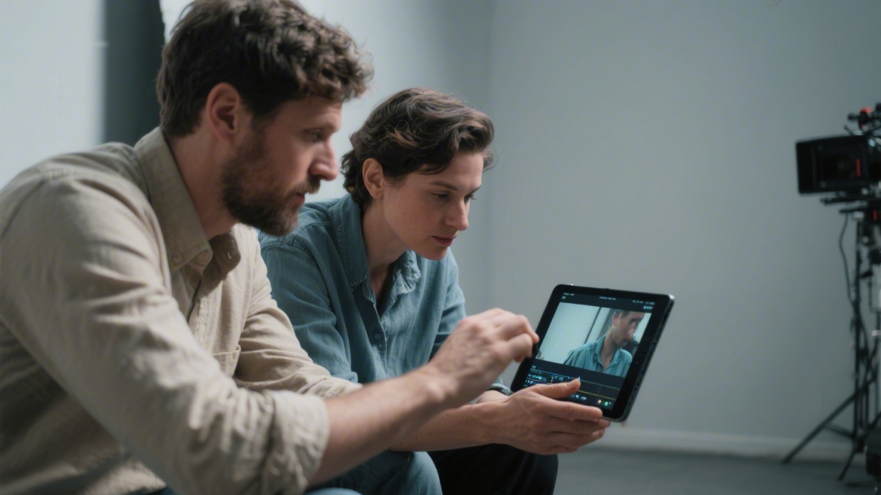 Close-up of a director reviewing footage with a client on a tablet, both focused on the screen while sitting in a quiet studio corner, emphasizing collaborative review.