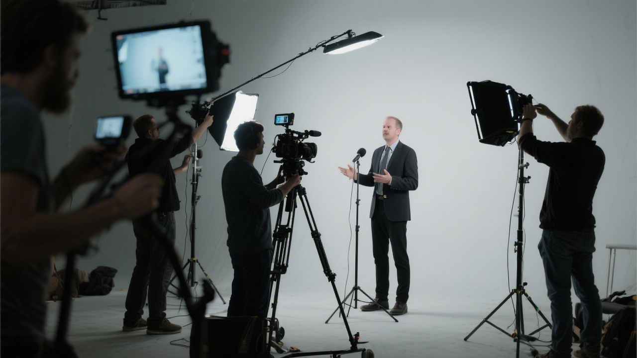 Behind-the-scenes scene of a small crew adjusting lighting around a presenter, with microphones and camera rig visible, conveying efficient on-location video production.