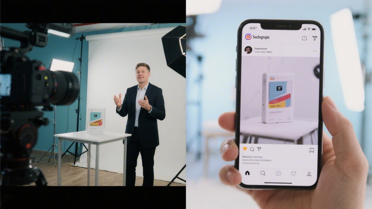 Collage of a product being filmed on a small set, a presenter speaking to camera, and a smartphone previewing vertical social media content in a bright studio.