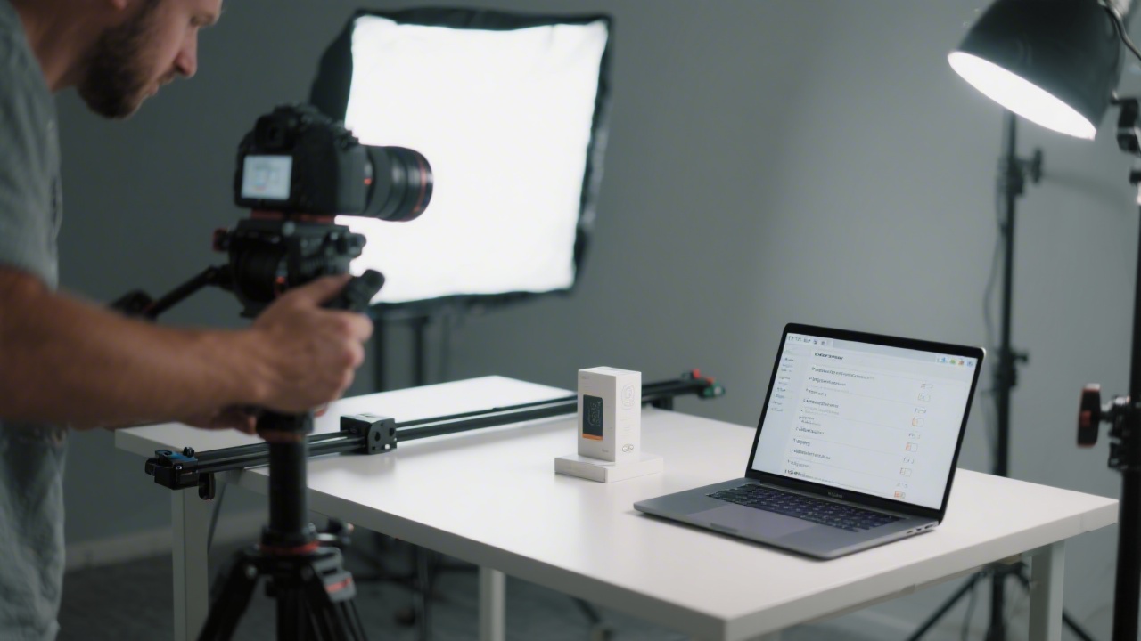Filming a product on a clean tabletop set with softbox lighting, camera on slider, and a laptop showing shot list, illustrating organized product video production.