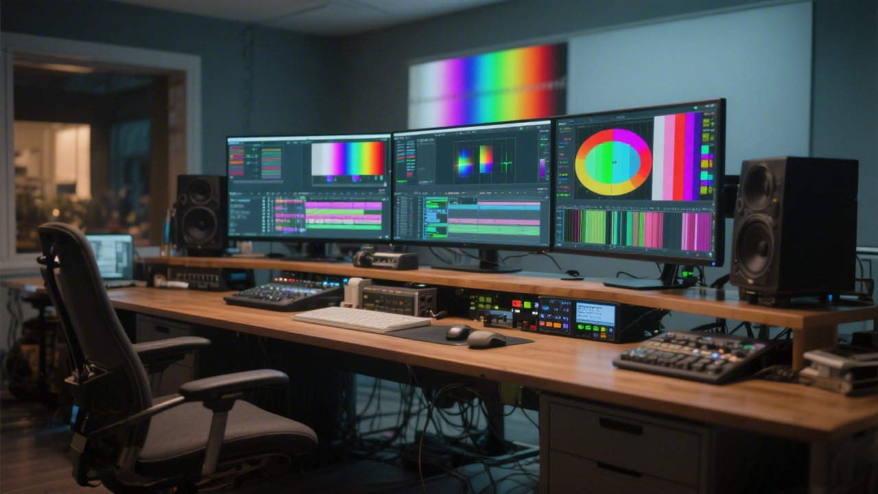 Wide shot of editing suite with dual monitors showing a vibrant reel timeline, color grading scopes, and a neatly arranged desk indicating professional postproduction workflow.