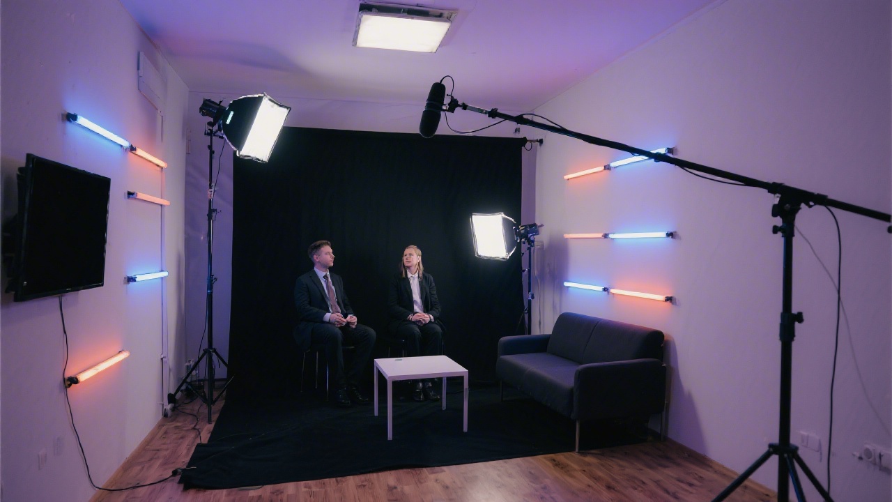 Compact video studio in Prague with LED panels, microphone boom, black backdrop, and a small seating area for interviews, arranged neatly for efficient production.